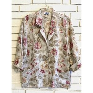 Laura Tyler Floral Blazer Beige 3/4 Sleeve Retro Oversized Boho Size Small Vtg.